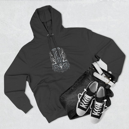 Norse Mjolnir hammer graphic hoodie featuring Viking mythology knotwork and lightning.