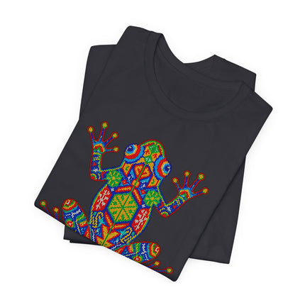 Colorful Huichol mosaic frog graphic tee on black shirt. Mexican indigenous folk art design.