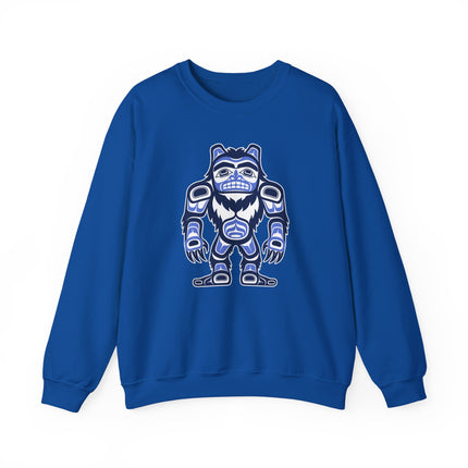 **Option 1 (Focus on Art/Style):**
Pacific Northwest indigenous art Bigfoot Sasquatch design printed on pullover sweatshirt. (79 characters)

**Option 2 (Most Concise):**
Sasquatch Bigfoot artwork on a cozy pullover featuring Pacific Northwest style print. (80 characters)

*(Choose Option 1 if the "Indigenous Art" aspect is the primary selling point; choose Option 2 for general readability.)*