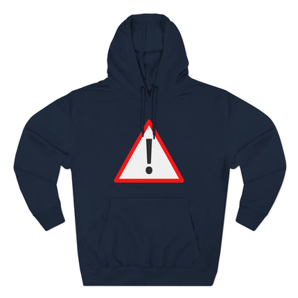 Dark hoodie featuring a red triangular warning sign with an exclamation mark graphic.