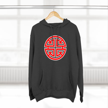 Black hoodie with red Chinese Lu symbol, representing prosperity and good fortune.