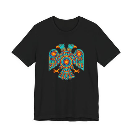 Vibrant double-headed eagle graphic in Mexican Huichol folk art style on a black tee.