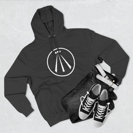 Black hoodie featuring the white Awen Celtic symbol graphic.