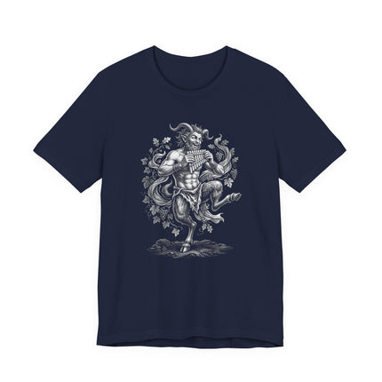 Pan satyr Greek mythology faun graphic tee featuring a dancing figure playing a flute.