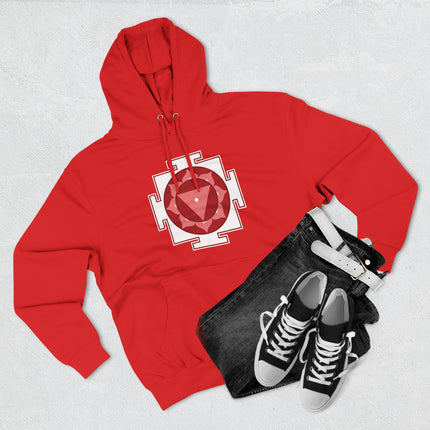 Red spiritual hoodie with Tara Yantra sacred geometry symbol.