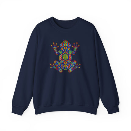 Vibrant Huichol frog art sweatshirt featuring geometric Mexican indigenous patterns.