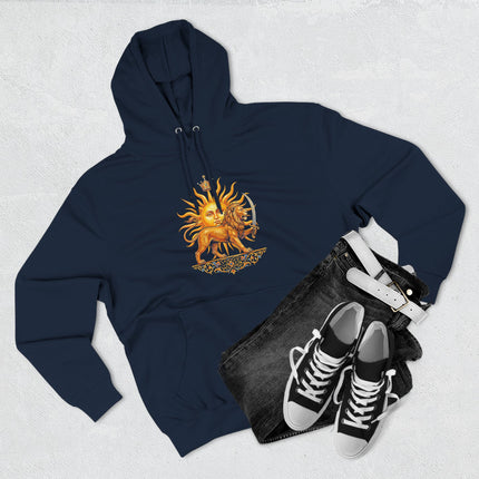 Shir-o-Khorshid Lion and Sun symbol graphic on a dark blue pullover hoodie.