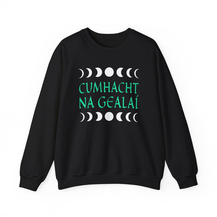 Cumhacht Na Gealáí moon phase graphic on a black unisex sweatshirt. Irish spiritual gift apparel.