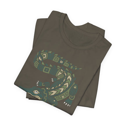 Mayan Crocodile T-Shirt | Curled Reptile with Geometric Patterns Tee