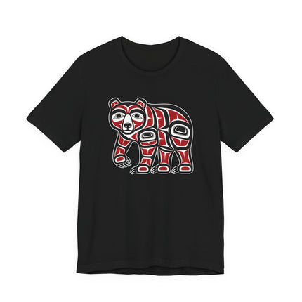 Red and black Haida Formline art bear graphic on a black t-shirt.