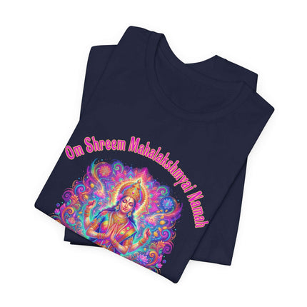 Mahalakshmi Goddess graphic tee featuring the Om Shreem mantra in vibrant spiritual colors.