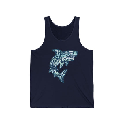 Tribal geometric shark graphic on a navy tank top. Mayan style coastal apparel.