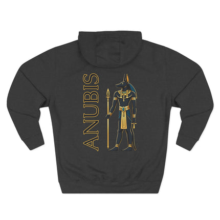 Anubis Egyptian god artwork on a black pullover hoodie featuring ancient mythology.