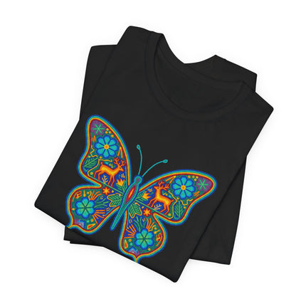 Huichol Butterfly T-Shirt | Vibrant Mexican Folk Art Deer Floral Tee | Butterfly