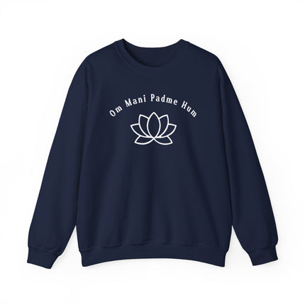 Om Mani Padme Hum mantra and lotus graphic on a dark blue spiritual sweatshirt.