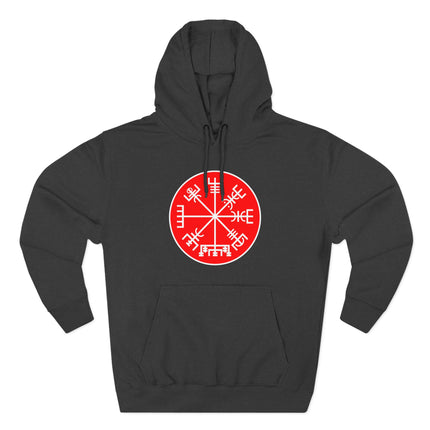Red Vegvisir Viking compass symbol graphic on a black Norse hoodie.