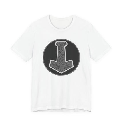 Norse Mjolnir hammer knotwork graphic on a white t-shirt, featuring Viking mythology design.