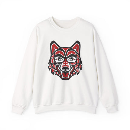 Pacific Northwest formline art wolf head graphic on white sweatshirt.