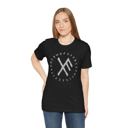 Viking runic circle t-shirt featuring Norse symbols and bind rune graphic design.