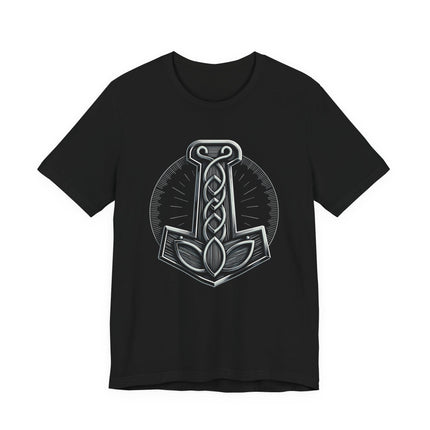 Mjolnir hammer graphic tee featuring Norse mythology and Viking art.