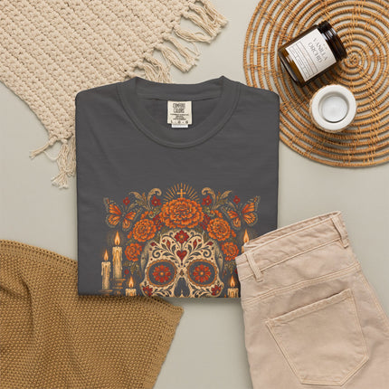Recuerda T-Shirt | Decorated Skull, Marigolds and Candle Artwork