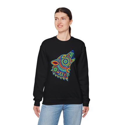 Colorful rainbow tribal wolf graphic on a black sweatshirt. Huichol art style.