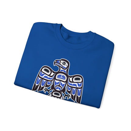 Indigenous hawk formline art pullover sweatshirt featuring Pacific Northwest cultural design.