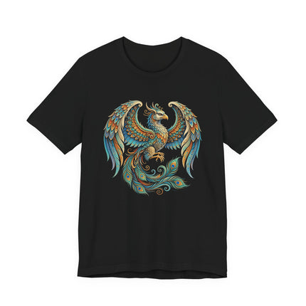 Ornate Homa Bird phoenix graphic tee featuring colorful Persian mythology art.