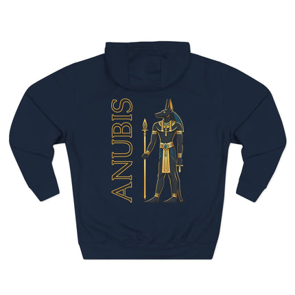 Anubis Egyptian god graphic and name on a dark blue mythological pullover hoodie.