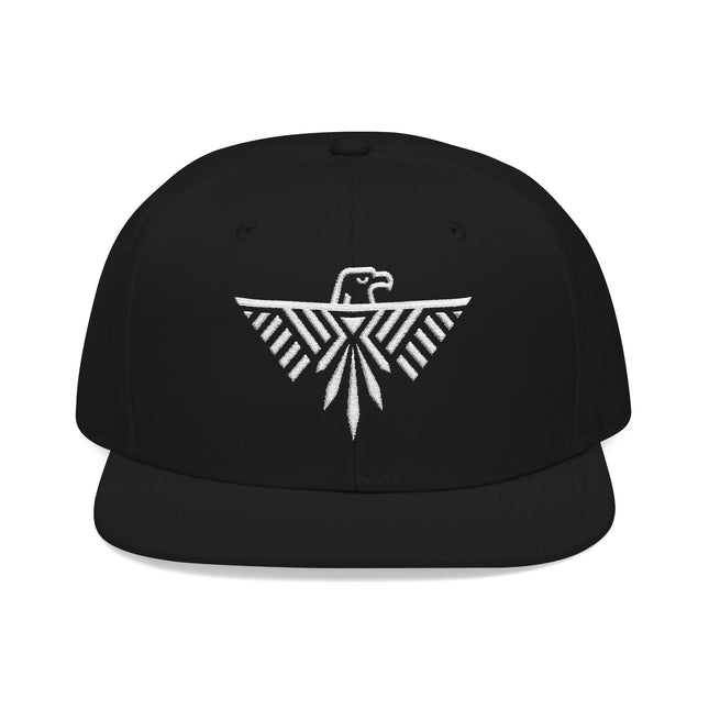 Black snapback hat with white embroidered geometric eagle and tribal design.