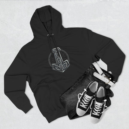 Black hoodie featuring Mjolnir, the Norse hammer graphic, symbolizing Viking strength and mythology.