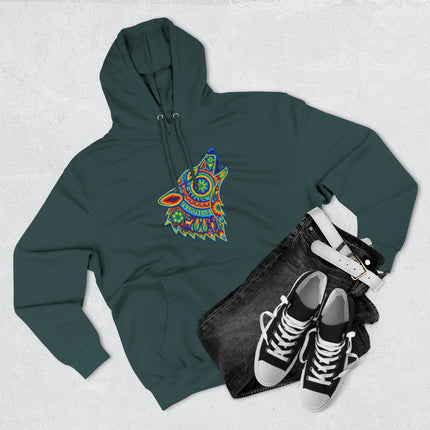 Huichol Wolf Howling Hoodie | Colorful Tribal Art Mexican Folk Pullover Hoodie