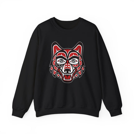 Indigenous Pacific Northwest wolf spirit formline art graphic on black sweatshirt.