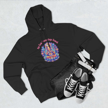 Vibrant Ganesha mandala art on a black hoodie, featuring the Om Gam Ganapataye Namah mantra.