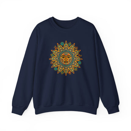 Vibrant Huichol Sun Symbol graphic pullover sweatshirt featuring indigenous cultural art design.