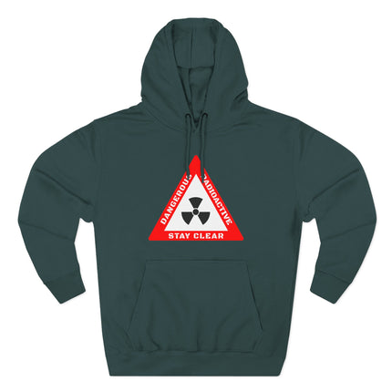 Dark hoodie featuring a red radioactive hazard warning triangle graphic with "Dangerous" and "Stay Clear" text.
