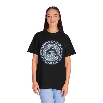 Dolphin Mosaic Art T-Shirt | Blue Marine Sea Life Greek Key Design