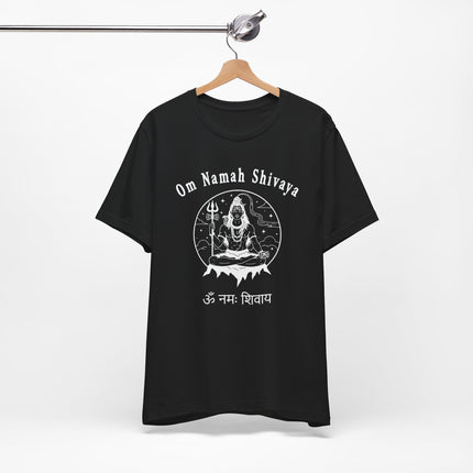 Lord Shiva meditating graphic on a black t-shirt with Om Namah Shivaya mantra.