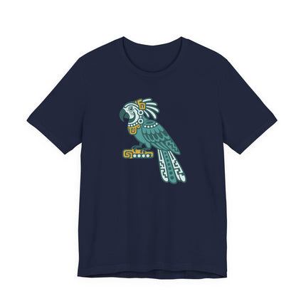 Mayan Parrot T-Shirt | Green and Gold Patterned Perched Bird Tee