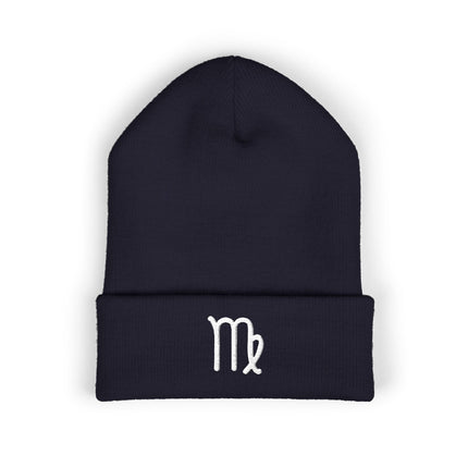 Virgo Symbol Cuffed Beanie | Embroidered White Earth-Sign Zodiac Glyph
