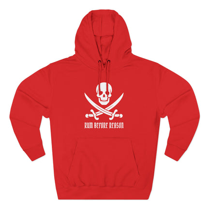 Pirate skull and crossed swords graphic with "Rum Before Reason" text on a red hoodie.