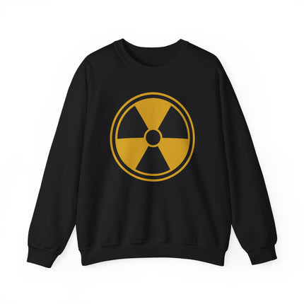 Black sweatshirt featuring a yellow radiation warning symbol graphic.