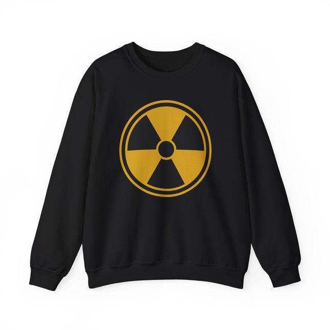 Black sweatshirt featuring a yellow radiation warning symbol graphic.
