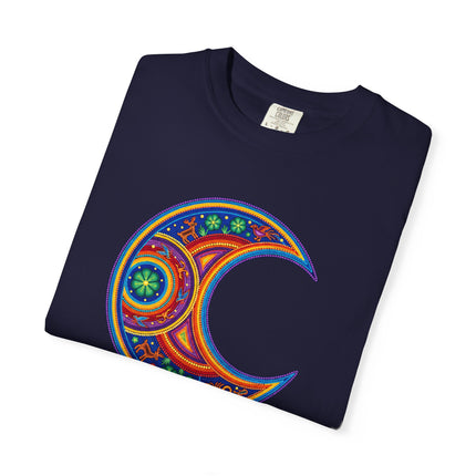 Huichol Inspired Crescent Moon Graphic T-Shirt | Colorful Mexican Art Tee