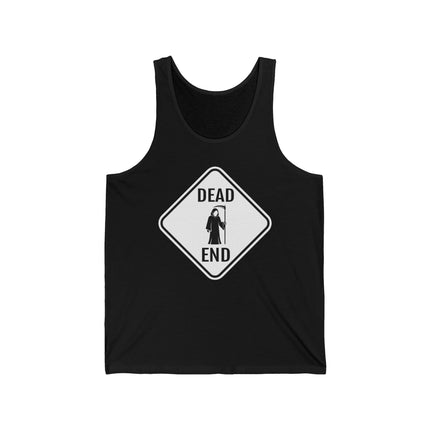 Dead end road sign graphic featuring a Grim Reaper on a black tank top.