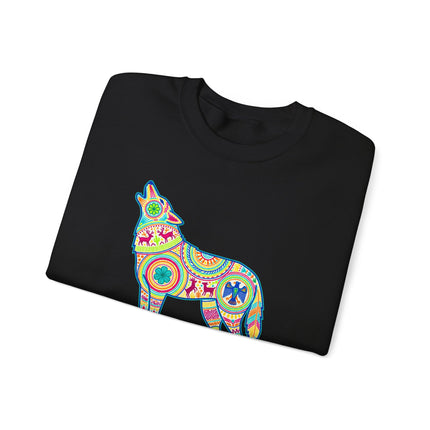 Colorful Huichol art sweatshirt featuring a howling wolf in vibrant Mexican folk style.