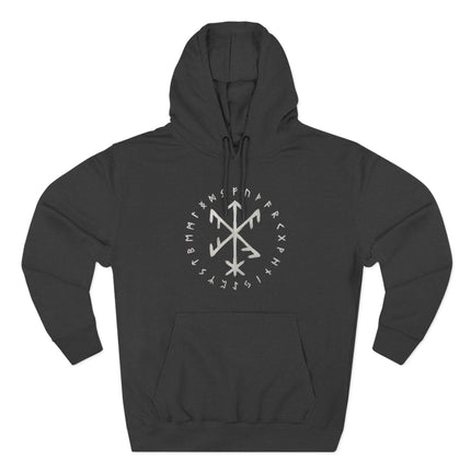 Norse Viking runes hoodie featuring the Success Bind symbol and the full Elder Futhark alphabet.