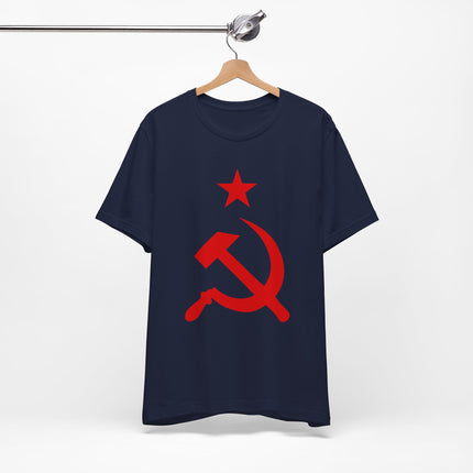 Red hammer and sickle and star communist symbol graphic on a navy t-shirt.