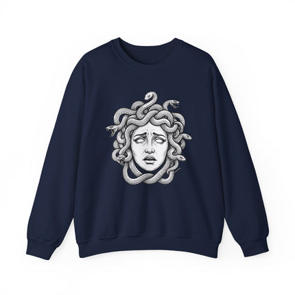 Medusa head graphic with snakes for hair on a dark sweatshirt.
