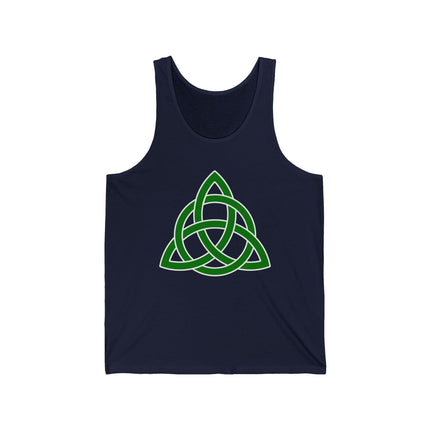 Green Triquetra Celtic knot symbol on a navy tank top.